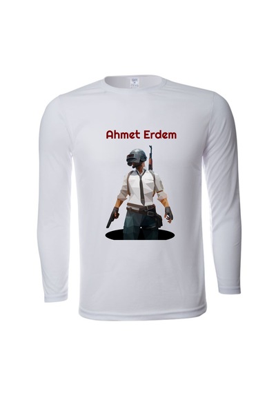 Hepsimex İsme Özel Pubg Oyun Karakterli Çocuk Tişört Uzun Kollu Unisex Beyaz