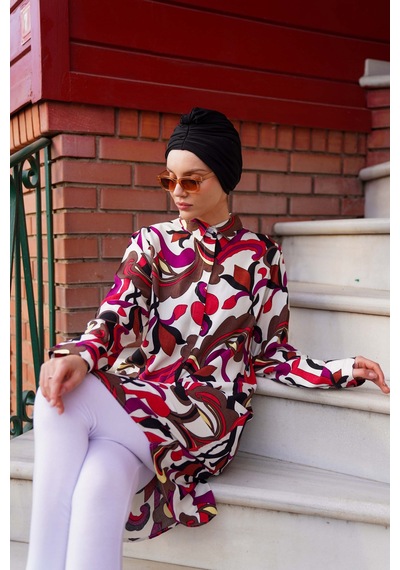 Polologin Butik Fuşya Renkli Soyut Desenli Uzun Tunik Pembe