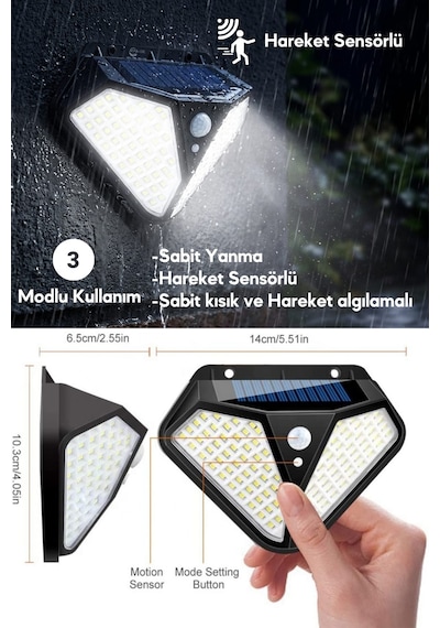 Technosmart 102 Led Solar Duvar Lambası 2 Li Set Hareket Sensörlü, 3 Modlu Ip65 Dış Mekan Aydınlatma