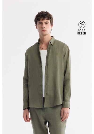 Avva Erkek Haki Düğmeli Yaka %100 Keten Comfort Fit Gömlek B002191