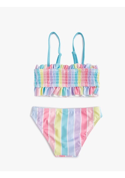 Koton Çizgili Bikini Takımı Fırfırlı İnce Askılı Multıcolor 4skg00014mm Mavi