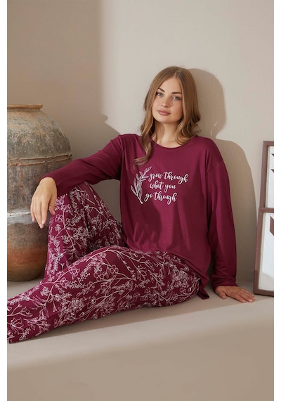 Aydoğan Kadın Büyük Beden Grow Through Yazılı Menekşe İnci Pijama Takımı 9173 Bordo