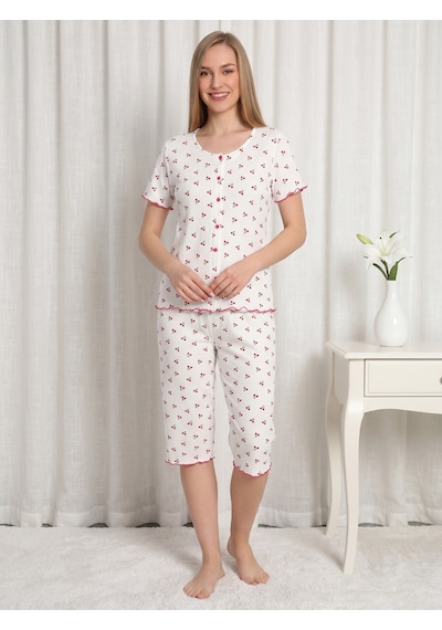 Kadın Kısa Kollu Yumuşak Tuşe Yazlık Likralı Kumaş Kapri Pijama Takım Beyaz Kiraz