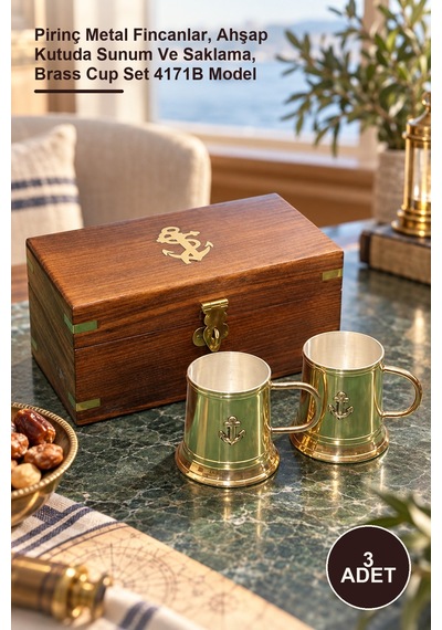 3 Adet Ahşap Kutulu Pirinç Fincan Seti Pirinç Metal Fincanlar, Ahşap Kutuda Sunum Ve Saklama, Brass Cup Set 4171b Model