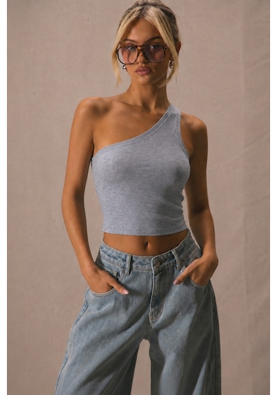 Tarz Cool Kadın Tek Omuz Crop Atlet Esnek Slim Fit Süprem Kumaş Asimetrik Yaka Bluz Gri