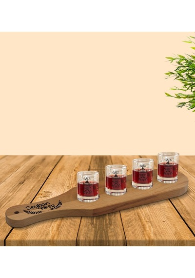 Kişiye Özel Masif Ahşap Tekila Sunum Tepsisi Ve 4 Lü Shot Bardak Seti - Model 4