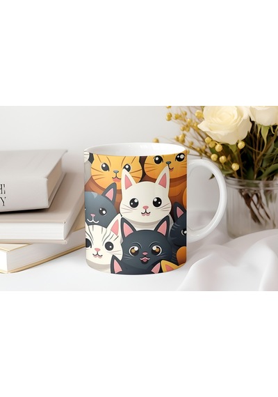 Renkli Kedi Desenli Kupa Bardak Sevimli Yüzlü Kahve Ve Çay Kupası - Hediye Beyaz