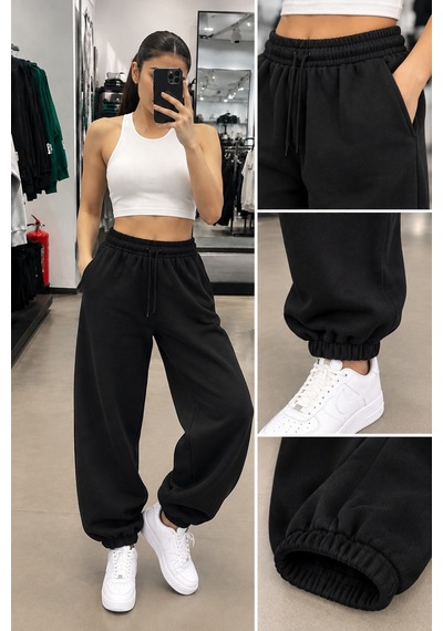 Modanida Kadın Siyah Oversize Eşofman Altı İki İplik Paçası Lastikli Yüksek Bel Eşofman Siyah Siyah Modanida Kadın Siyah Oversize Eşofman Altı İki İplik Paçası Lastikli Yüksek Bel Eşofman Siyah Siyah