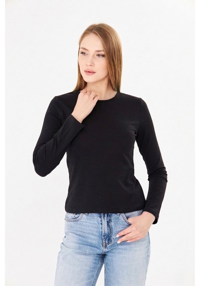 Sortie Collection Bisiklet Yaka Pamuklu Uzun Kollu Basic Penye Tişört Bluz Siyah