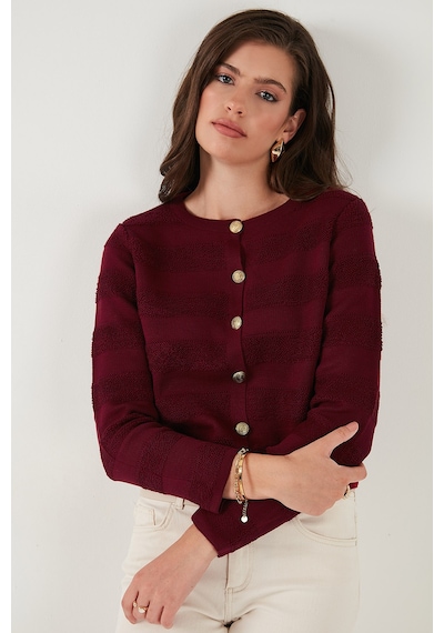 Lela Premium Regular Fit Bisiklet Yaka Düğmeli Dokulu Triko Bayan Hırka 680Hi00337 Bordo
