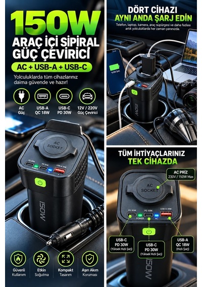 Kargo 150w Araç İçi Şarj Adaptörü 12v 220v Çakmaklık Girişli 30w Type-c 18w Usb Hızlı Şarj Najmaddin