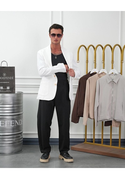 Modefendi %100 Pamuk Keten Modern Fit Keten Ceket Beyaz