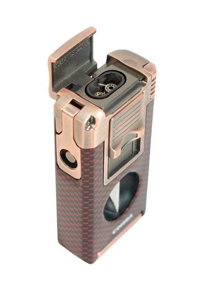 Cohiba Çift Torch Pürmüz Dahili Kesici Delicili Kırmızı Karbon Desenli Bronz Metal Puro Çakmağı - Tr9586