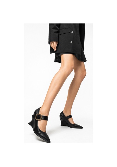Luvi Shoes Lyons Siyah Cilt Tokalı Kadın Dolgu Topuklu Ayakkabı
