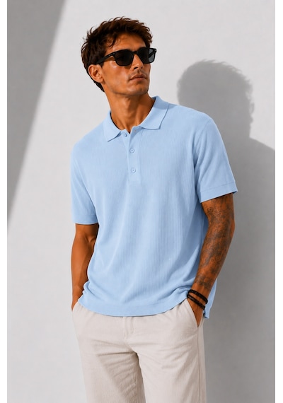 Ribana Erkek Kısa Kollu Fitilli Yarım Düğme Kapama Polo Yaka T-shirt 26001 Bebe Mavisi