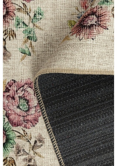 Artloop Florart Krem / Çok Renkli Vintage Dokulu Doğa Temalı Çiçekli Dokuma Tabanlı Şönil Halı Al 489