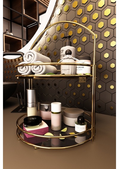 Bino Banyo Düzenleyici Organizer Takı Kozmetik Havlu Rafı Standı 2 Katlı 40cm Altın