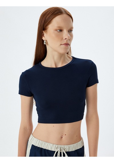 Koton Basic Crop Tişört Viskon Kumaş Kısa Kollu Bisiklet Yaka Slim Fit Lacivert 5wak50043ek Lacivert