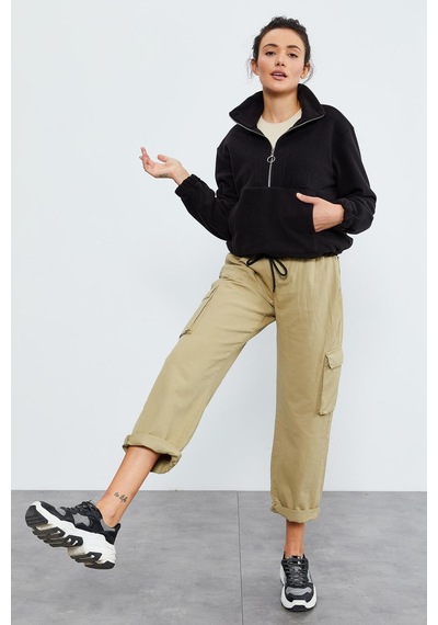 Tommy Life Siyah Yarım Fermuar Etek Ucu Büzgülü Kadın Polar Oversize Sweatshirt - 97171 Siyah
