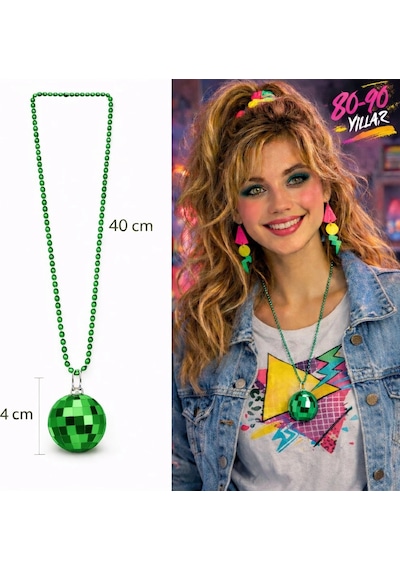 Retro Disko Topu Şekilli 8039ler 9039lar Yeşil Renk Plastik Kolye "