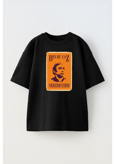 Thewert Unisex Ben Bu Yaz Nerdeyim Tasarım Baskılı Pamuk Sıyah Oversize T-shirt Siyah