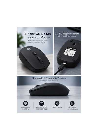 Sprange Sessiz Tık Şarj Edilebilir Kablosuz Mouse - Bluetooth 5.4 & 2.4ghz Çift Modlu Mouse Sr-m4 Siyah