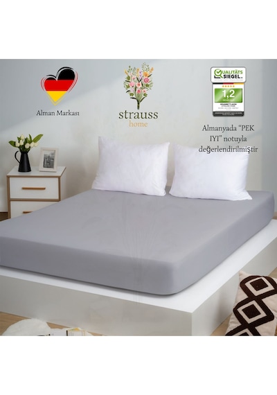 Strausshome Premium Lastikli Çarşaf %100 Pamuk Tek Kişilik / Çift Kişilik Özel Penye Oeko-tex Açık Gri / Gümüş