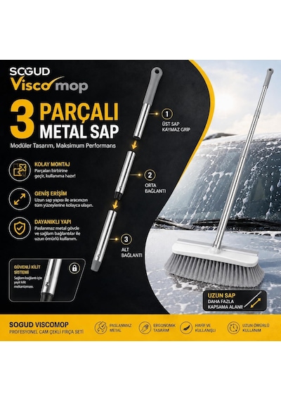 Viscomop Oto Yıkama Fırçası - Cam Çekli Araç Temizlik Seti, 3 Parçalı Metal Sap, Yumuşak Kıllı Çekçek, Arab Diğer