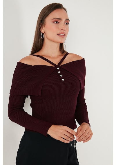 Lela Premium Fitted Fit Carmen Yaka Ip Askı Detaylı Triko Bayan Kazak 680Kz00076 Bordo