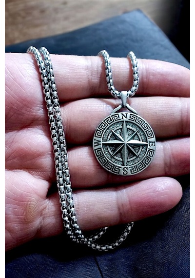 Ak Store Silver Gümüş Kaplama Krom-Çelik Erkek Kolye Madalyon Pusula Gümüş