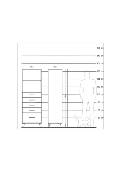 Kronos Dolap 2 Raflı 5 Çekmeceli 60x59x182 Çam-antrasit Atlas Çam