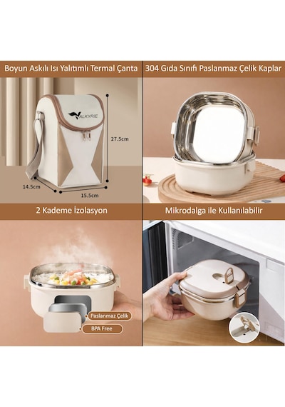 Valkyrie 3 Katlı Yemek Kabı 2100 Ml Termal Çantalı Lunch Box, 304 Paslanmaz Çelik, Bpa İçermez Krem