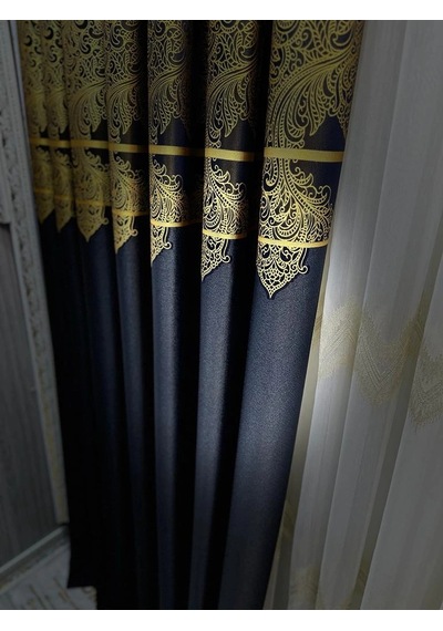 Nivemeshome Milas Lacivert-gold 671539 1/3 Sık Pileli Fon Perde Apm Lacivert-gold