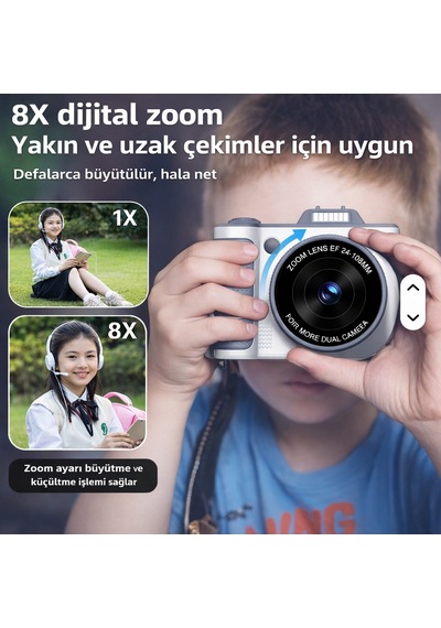 Yüksek Netlik Sunan 8x Dijital Zoom Teknolojili Çocuk Kamerası 180 Dönen Ekran Tasarımına Sahip Kompakt Dijital Kamera Fotoğrafa Oyun Müzik Bir Arada