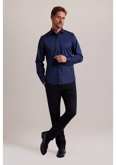 Erkek Lacivert Uzun Kol Slim Fit Saten Gömlek