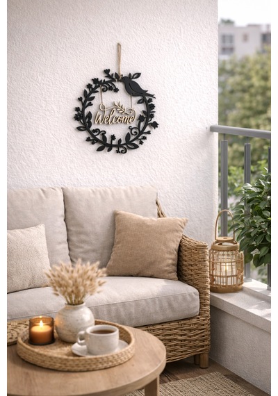 Welcome Yazılı Kuşlu Mdf Kapı & Duvar Süsü Dekoratif Çelenk 30x30 Cm Siyah Siyah