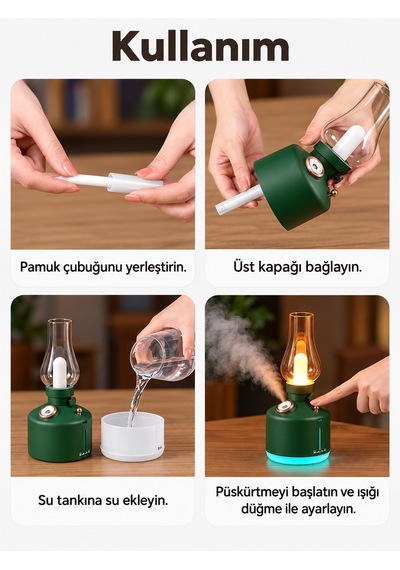 Alfagift Şarjlı Nostaljik Gaz Lambası Hava Nemlendirici Ve Buhar Makinesi- Dekoratif Masa Ve Gece Lambası Yeşil