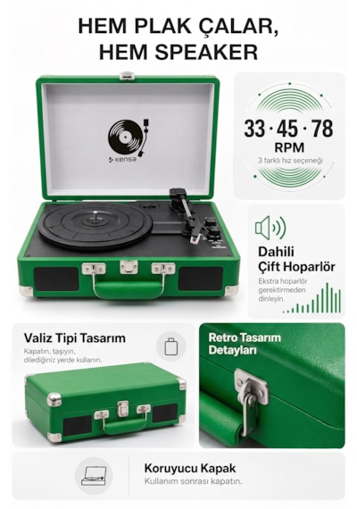 Kensa Bluetooth Lu Nostaljik Çantalı Pikap 33/45/78 Devir Dahili Bataryalı Plak Çalar Yeşil