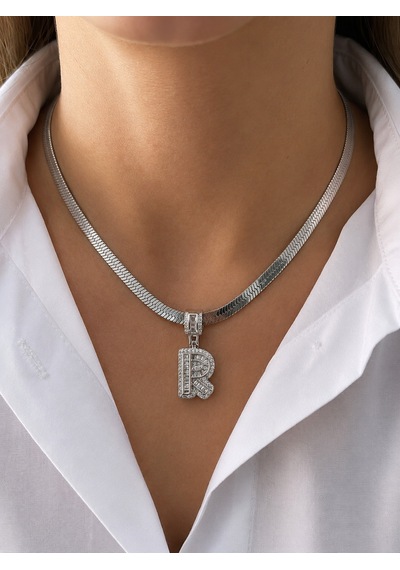 Premium Gümüş Renk Şık Ve Parlak Taşlı 316l Çelik Silver R Harf Kolye 45cm
