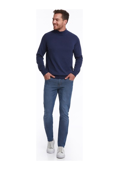 Hatemoğlu Erkek Indigo Regular Fit %100 Pamuk Yarım Balıkçı Triko Kazak İndigo