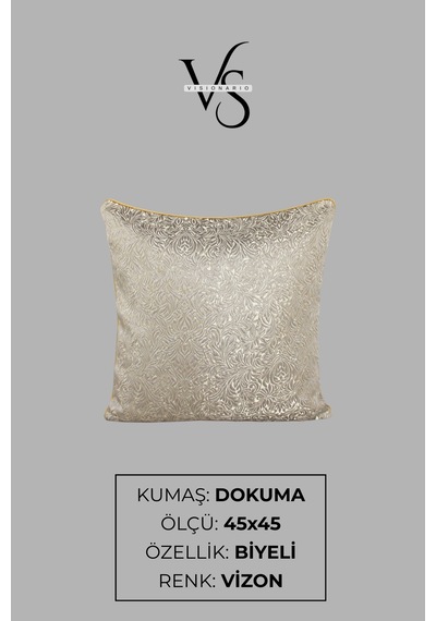 Kırlent Kılıfı Desenli Jakarlı Dokuma Kumaş 2'li 45x45 Ve 35x50 Çift Taraflı Biyeli Vizon