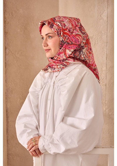 Twill İpek Eşarp 11473-42 Açık Vizon, Nar Çiçeği, Pembe, Antrasit