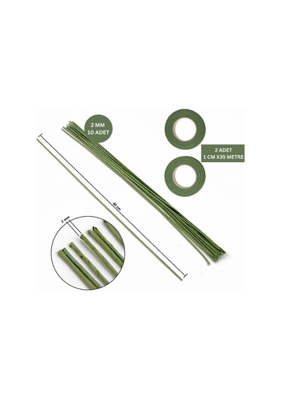 Yeşil Çiçek Teli 10lu, 2mm-40 Cm & 2 Adet Açık Yeşil Çiçek Bandı Seti, Hobi, Dıy Çiçek Yapım Seti Yeşil