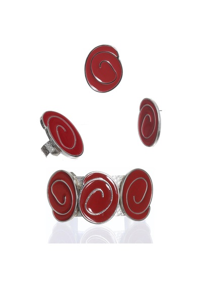 Kadın Gümüş Renk Lak Kaplama Çivili Model Kırmızı Mineli Küpe &yüzük &bileklik Set Kırmızı