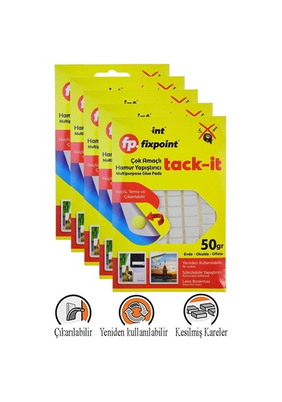 Hamur Yapıştırıcı Tack-it 50gr 5 Paket Fixpoint 65 Parça Macun Sakız Yapıştırıcı Takıt Çerçeve Afiş Duvar İz Bırakmaz