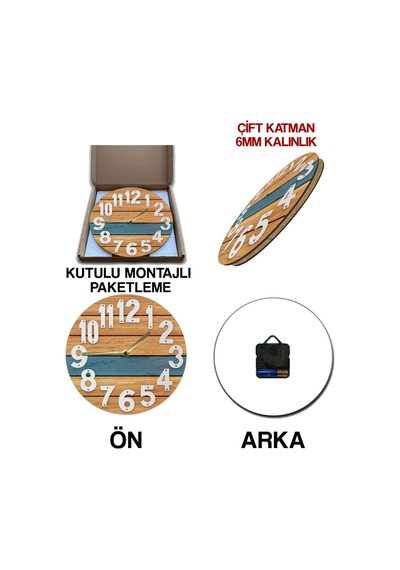 Sessiz Yuvarlak Ahşap Duvar Saati, Kuvars Hareketli Elif Vav Sdw042 Renkli