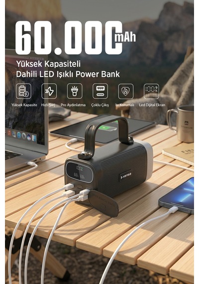 60.000 Mah Hızlı Kamp Outdoor 30w 22.5w Qc Dijital Göstergeli Led Fenerli Taşınabilir Şarj Cihazı
