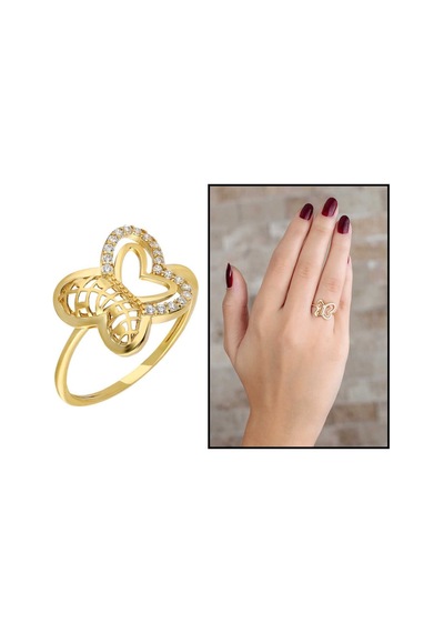 Zirkon Taşlı Kelebek Tasarım Gold Renk 925 Ayar Gümüş Bayan Yüzük (499798311)