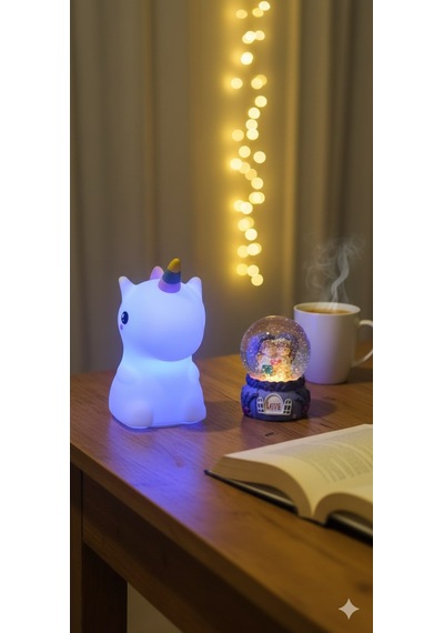 2 Li Sevgiliye Romantik Hediye Seti Unicorn Çok Renkli Led Gece Lambası Ve 9 Cm Mor Kar Küresi Seti Set