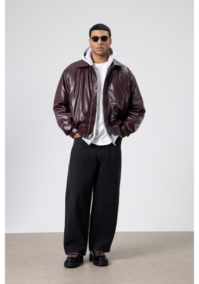 Vamos Basıc Suni Deri Oversize Ceket Bordo